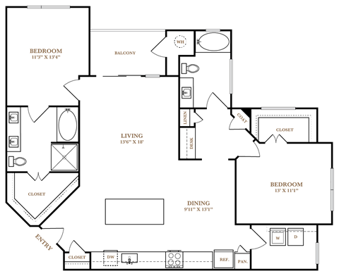 Floor plan for 2 beds, 2 baths, 1315 sqft